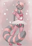  2012 abstract_background anthro belt black_nose bow brown_eyes bulge candy_(character) clothed clothing crossdressing flexible_survival fur girly hair high_heels legwear looking_at_viewer male mammal multicolored_fur pink_hair raccoon smile solo standing stockings teeth uniformvixen 