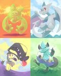  aerodactyl ambiguous_gender avian black_hair blue_fur cloud dewott eyes_closed fur hair headphones looking_at_viewer mammal mawile mustelid nintendo otter pok&eacute;mon pterodactyl red_eyes reuniclus sky smile sun teeth tongue video_games yassui 