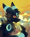  ambiguous_gender black_fur canine eeveelution feral fur looking_at_viewer mammal nintendo pok&eacute;mon red_eyes shiny_pok&eacute;mon solo sunset umbreon video_games yassui 