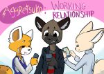  aggressive_retsuko ailurid anime canine clothed clothing english_text female fennec fenneko fox group haida hyena jovo male mammal phone red_panda retsuko story story_in_description tempo123 text texting toxoglossa 