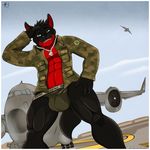 2012 aaron_(artist) abs air_force aircraft airplane anthro big_muscles black_fur black_nose bulge camo claws clothing digital_media_(artwork) dog_tags fangs feline fur green_eyes jacket jet jockstrap looking_at_viewer male mammal muscles open_mouth open_shirt outside pecs pose red_fur salute shirt smile solo standing teeth toned tongue underwear 
