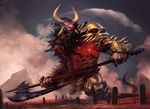  anthro armor axe deity horn macro magic_the_gathering male minotaur mogis official_art peter_mohrbacher solo star weapon 