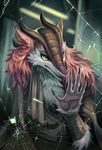  ambiguous_gender claws clothed clothing fur green_eyes horn krysune mane novere red_fur scar sergal solo tespia white_fur 
