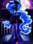  2014 anus black_fur blue_eyes blue_hair butt dimwitdog equine female feral friendship_is_magic fur hair horn looking_at_viewer mammal moon my_little_pony night nightmare_moon_(mlp) presenting presenting_hindquarters pussy reins solo winged_unicorn wings 