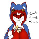  anthro blush breasts chips cleavage clothed clothing eating english_text eyes_closed female hair hoodie kyogre latias legendary_pok&eacute;mon lewdtias_(character) nintendo plain_background pok&eacute;mon quin_(artist) red_hair solo sweatshirt text video_games 