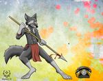  aetherel anthro canine clothing loincloth male mammal nekrozs phone polearm solo spear standing weapon wolf 
