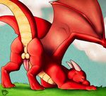  2014 anus ashtalon ass_up balls butt digitigrade dragon erection feral half-closed_eyes horn male mocha_shep penis presenting raised_tail red_scales scalie smile solo submissive wings 