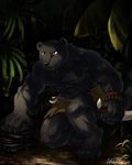  2014 abs anthro biceps black_fur black_nose black_panther cinna-tree claws clothed clothing crouching feline fur green_eyes half-dressed jungle male mammal muscles panther pecs pose scar shorts solo toned topless weapon 