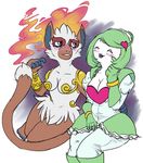  anthro anthrofied armor beelzemon_(artist) blush cleavage clothed clothing duo eyes_closed female fire fire_hair gardevoir humanoid infernape nintendo pok&eacute;mon quinn_the_infernape unconvincing_armor video_games 