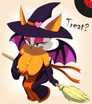  2014 absurd_res anthro areola bat big_breasts breasts broom candy cleavage clothed clothing downshirt erect_nipples female flashing green_eyes hat hi_res huge_breasts lollipop looking_at_viewer mammal marthedog nipples partially_clothed rouge_the_bat sega sitting smile solo sonic_(series) wings witch_hat 