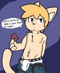  anthro bulge cat clothed clothing condom dialogue feline half-dressed male mammal oob open_pants pants solo topless underwear undressing 