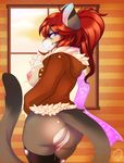  bottomless breasts butt cat clothed clothing coat feline female hair half-dressed legwear looking_at_viewer mammal pussy red_hair side_boob solo thigh_highs yuuri 