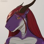  2014 anthro arun_(tokaido) bust_portrait digital_media_(artwork) dragon female hair horn nude plain_background purple_skin red_hair scalie scar solo tokaido yellow_eyes 
