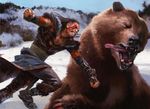  amazing armor barbarian bear blood duo falcon_punch fight gauntlets human magic_the_gathering male mammal manly official_art pain punch size_difference surrak_dragonclaw teeth temur tongue tongue_out wesley_burt 