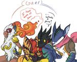  acel_the_gabite anthro anthrofied armor beelzemon_(artist) clothed clothing colored derp embarrassed english_text eyes_closed female ga&euml;l_the_scrafty gabite greninja group half-dressed infernape jacket luce_the_greninja male nintendo o_o pok&eacute;mon quinn_the_infernape scrafty sitting speech_bubble text topless unconvincing_armor video_games 