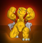  agumon ambiguous_gender anthro bandai barazoku barefoot bottomless clothed clothing digimon dinosaur fist flexing grin half-dressed jacket kneeling looking_at_viewer muscles on_one_knee painis18 pecs plain_background red_background shaded smirk solo teeth 