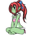  blush clothing crosslegged digital_media_(artwork) female freckles goblin green_skin hair humanoid ponytail red_hair solo swimsuit unknown_artist 