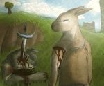  ambiguous_gender anthro blood death duo kinodro lagomorph looking_back mammal overgrowth rabbit sword weapon 