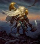  ajani_goldmane anthro axe chris_rahn cloak double_axe dragon feline leather leonin lion magic_the_gathering male mammal official_art planeswalker scar solo standing step_pose weapon 