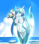  2014 anthro beach bikini blue_body blue_eyes blue_hair camel_toe clothing cloud digital_media_(artwork) dragon drink female glass hair looking_at_viewer navel open_mouth outside raaggu seaside sky smile solo straw swimsuit tray water 