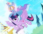  2014 canterlot cape cloud crown cutie_mark duo equine eyewear female flying friendship_is_magic goggles hair horn mammal my_little_pony outside pine_tree pixelkitties purple_eyes purple_hair sky tree trixie_(mlp) twilight_sparkle_(mlp) winged_unicorn wings 