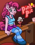  2014 anthro anthrofied balloon blue_eyes cherry cleavage clothed clothing counter equine female food friendship_is_magic hair horse ice_cream latecustomer legwear mammal my_little_pony pink_hair pinkie_pie_(mlp) pony sitting skirt solo stockings sundae tongue tongue_out 