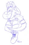  anthro belt big_breasts blouse boots breasts clothing dragon ear_piercing female flayra huge_breasts inner_ear_fluff looking_at_viewer monochrome one_eye_closed piercing ponytail shorts tail_band thick_thighs tongue vant_talon wide_hips wink 