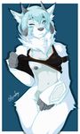  armband blue_eyes blush bottomless breasts canine caprine clothed clothing female fur half-dressed horn hybrid leokingdom looking_at_viewer mammal navel neck_ruff nipples one_eye_closed shirt shirt_lift small_breasts solo white_fur wink 