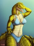  2014 anthro bra breasts claws cleavage clothed clothing crocodile fangs female hi_res looking_at_viewer open_mouth panties purplepardus reptile scalie smile solo standing teeth thick_thighs tongue underwear wide_hips yellow_eyes yellow_skin 