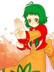  back_bow bow brown_eyes choker dress farah_oersted fighting_stance green_hair orange_dress red_choker short_hair solo tales_of_(series) tales_of_eternia yumika831 