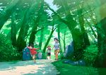  2girls bu-n child dappled_sunlight day forest hanaosutarou hat holding_hands jizou leaf light light_rays mother_and_daughter mother_and_son multiple_girls nature original outdoors outstretched_arms path road running short_twintails spread_arms sunbeam sunlight tree tree_shade twintails 