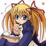  baozi blonde_hair blue_eyes food index_finger_raised kanon lowres ribbon sawatari_makoto solo twintails 