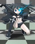  black_hair black_rock_shooter black_rock_shooter_(character) blue_eyes boots dual_wielding gobera holding long_hair navel one_knee solo twintails 