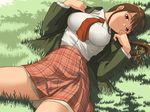  artist_request breasts brown_eyes brown_hair covered_nipples grass jacket konjiki_no_gash!! large_breasts long_hair lying necktie oumi_megumi plaid plaid_skirt school_uniform skirt smile solo 