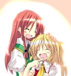  :d ^_^ bad_id bad_pixiv_id blush closed_eyes fang flandre_scarlet happy hong_meiling multiple_girls no_hat no_headwear open_mouth petting satou_kibi smile toothbrush touhou 