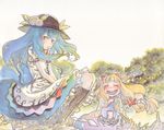  blush drunk gourd hat hinanawi_tenshi horns ibuki_suika laughing multiple_girls raian touhou traditional_media watercolor_(medium) 