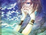  blue_eyes bracelet brown_hair jewelry original scarf solo tears wristband yukimichi_(nieko) 