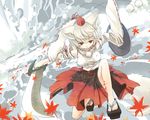  animal_ears detached_sleeves fighting_stance geta hat inubashiri_momiji kishibe leaf red_eyes shield short_hair silver_hair solo sword tail tokin_hat touhou water waterfall weapon wolf_ears wolf_tail 