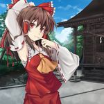  arm_up armpits bow brown_hair detached_sleeves hakurei_reimu hangetsuakibarika highres md5_mismatch red_eyes sarashi short_hair shrine solo touhou 