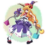  bad_id bad_pixiv_id blonde_hair bow chain full_body gourd green_background hair_bow horn_bow horns ibuki_suika long_hair mary_janes one_eye_closed ootsuki_wataru pigeon-toed red_eyes ribbon shoes simple_background skirt smile solo standing touhou very_long_hair white_background 