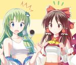  &lt;o&gt;_&lt;o&gt; 2girls :o bad_id bad_pixiv_id blue_eyes bow brown_hair detached_sleeves frog gap green_hair hair_ornament hakurei_reimu kochiya_sanae long_hair moriya_suwako multiple_girls open_mouth red_eyes sarashi shirt_lift short_hair snake sports_bra surprised surprised_arms touhou yakumo_yukari yuugiri 