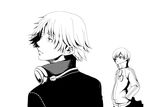  1girl greyscale hanamura_yousuke hands_in_pockets headphones headphones_around_neck jacket long_sleeves monochrome persona persona_4 satonaka_chie short_hair simple_background track_jacket turtleneck white_background yasohachi_ryou 