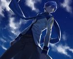  blue_eyes blue_hair blue_scarf cloud from_below kaito male_focus mochi_(piapro) night scarf sky smile solo star_(sky) starry_sky vocaloid 