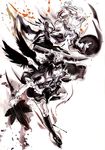  fan geta hat ink inubashiri_momiji monochrome multiple_girls red_eyes sakana_(ryuusui-tei) shameimaru_aya shield spot_color sword tengu-geta tokin_hat touhou weapon wings 