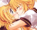  1girl blonde_hair blue_eyes blush brother_and_sister hair_ornament hair_ribbon hairclip hetero incest kagamine_len kagamine_rin kiss mukkun ribbon short_hair siblings twincest twins vocaloid 