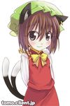  animal_ears bad_id bad_pixiv_id brown_hair cat_ears cat_tail chen earrings hat jewelry kitahara_tomoe_(kitahara_koubou) lowres multiple_tails short_hair solo tail touhou 