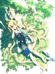  barefoot blonde_hair book brown_eyes copyright_request dress feet highres long_hair nature sitting sleepy solo tree twintails vofan 