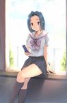  black_legwear blue_hair cellphone crossed_legs highres idolmaster idolmaster_(classic) kneehighs legs long_hair miura_azusa phone red_eyes school_uniform sitting smile socks solo summer_days_school_(idolmaster) yuki_usagi_(mofurafu) 