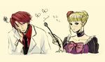  1girl beatrice blonde_hair blue_eyes bow choker dress flower frills jacket kiseru necktie pink_bow pipe red_hair ribbon short_hair umineko_no_naku_koro_ni ushiromiya_battler washitaro 