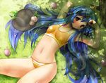  blue_hair blush breasts dappled_sunlight food fruit grass hat hat_removed headwear_removed hinanawi_tenshi long_hair looking_at_viewer lying navel on_back outdoors peach red_eyes scarlet_(studioscr) shade small_breasts solo sunlight touhou tree under_tree very_long_hair 